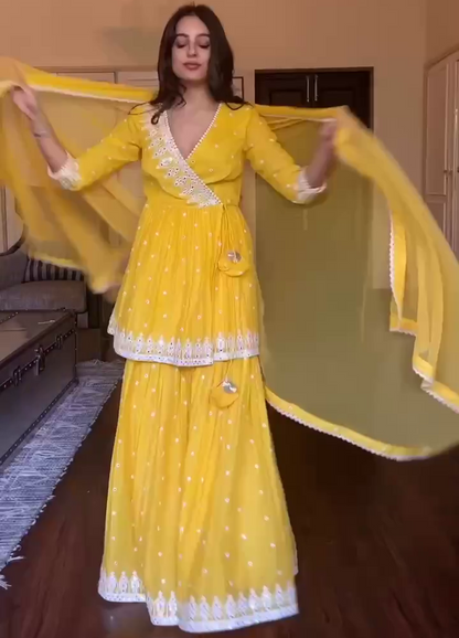 Yellow embroidery work sharara suit