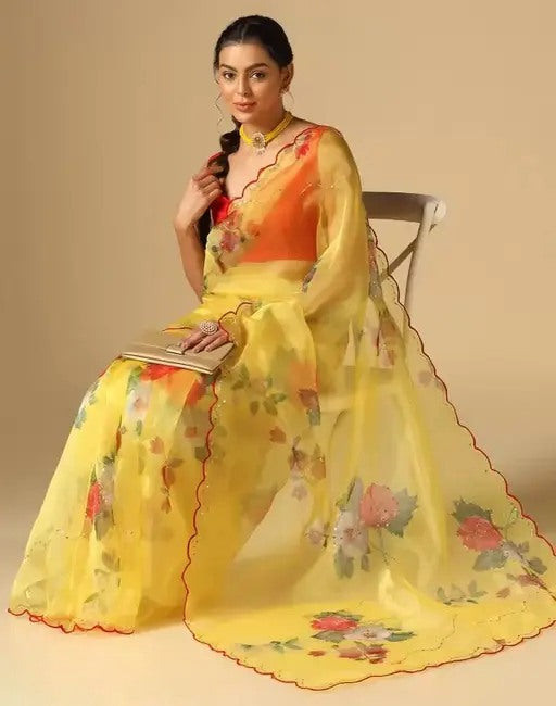 Yellow floral printed organza saree