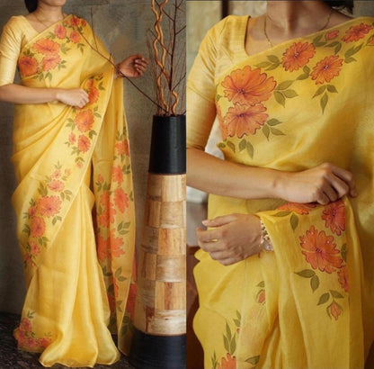Yellow floral printed organza saree