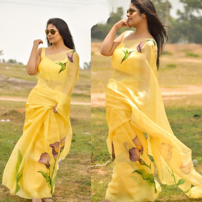 Yellow flower printed organza saree