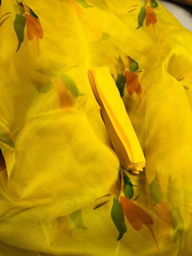 Yellow flower printed organza saree
