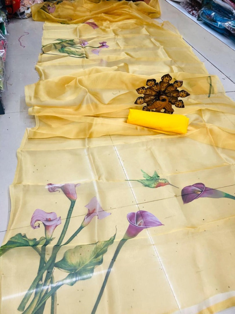 Yellow flower printed organza saree