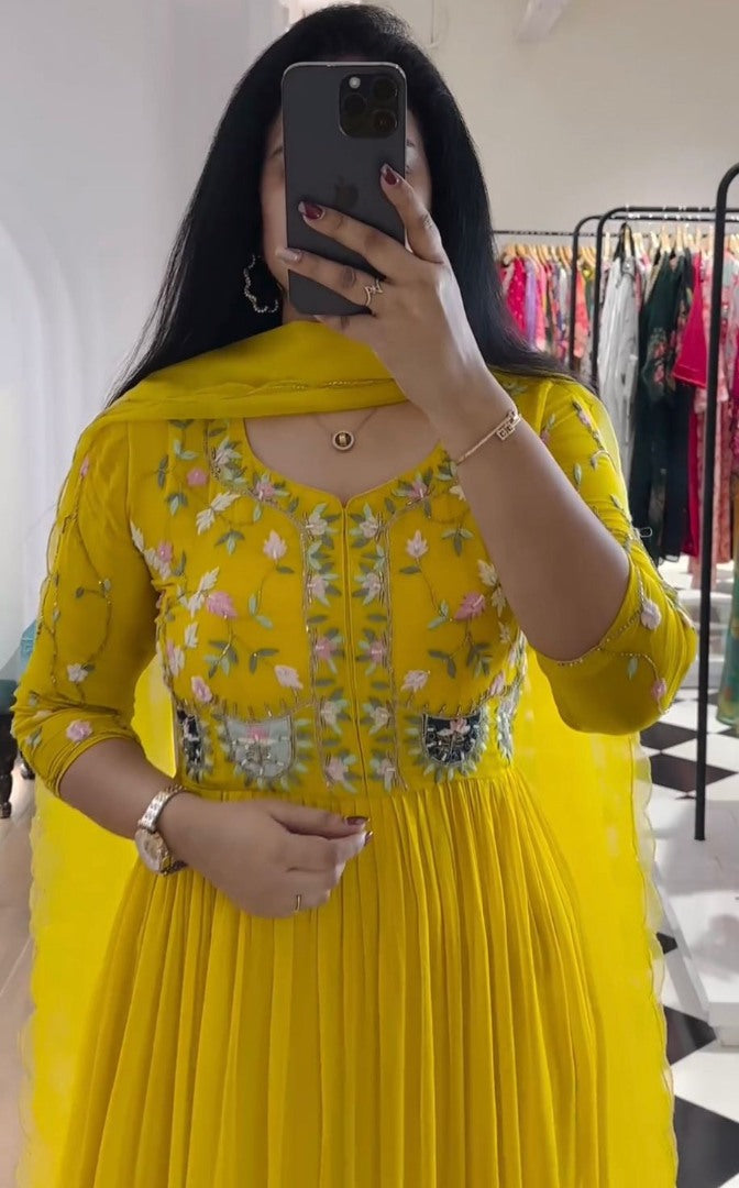 Yellow georgette anarkali suit