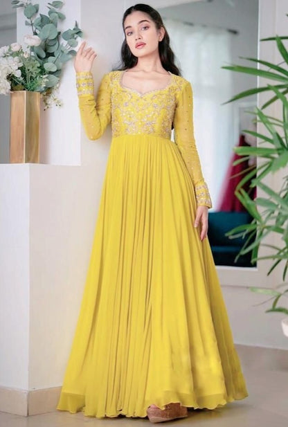 Yellow georgette embroidered gown