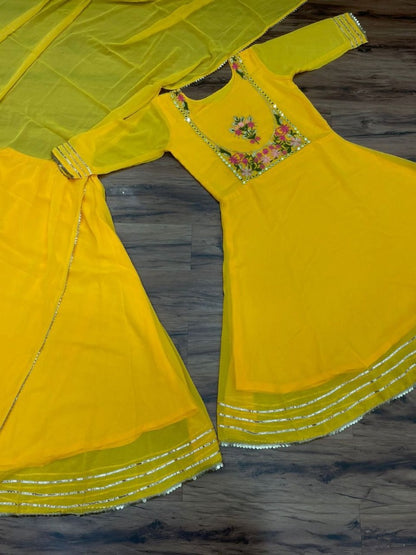 Yellow georgette embroidered lehenga suit