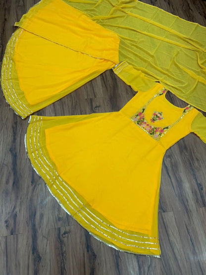 Yellow georgette embroidered lehenga suit