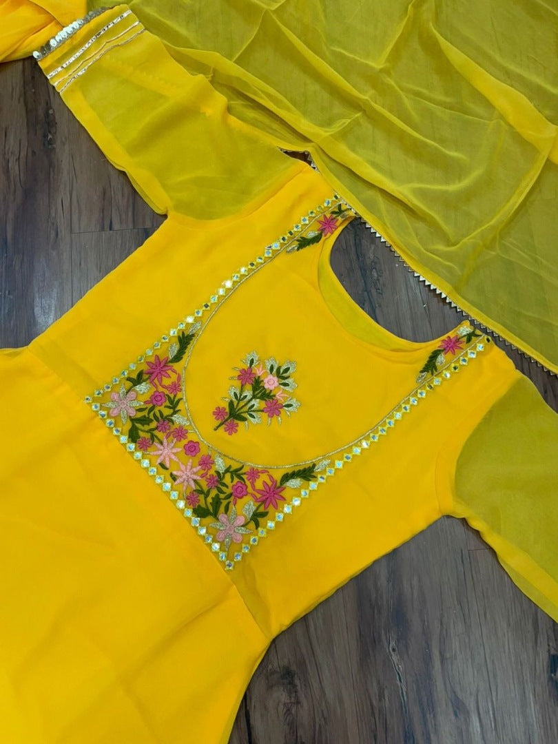 Yellow georgette embroidered lehenga suit