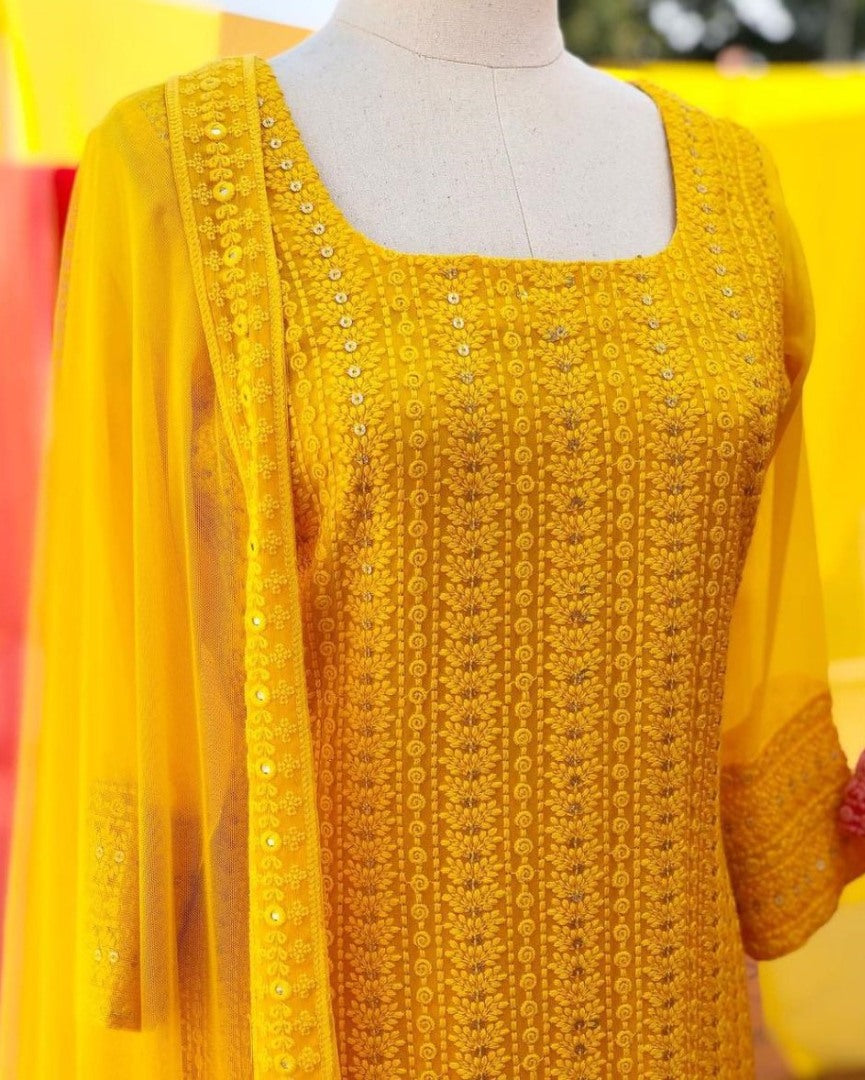 Yellow georgette embroidered sequence work plazzo suit