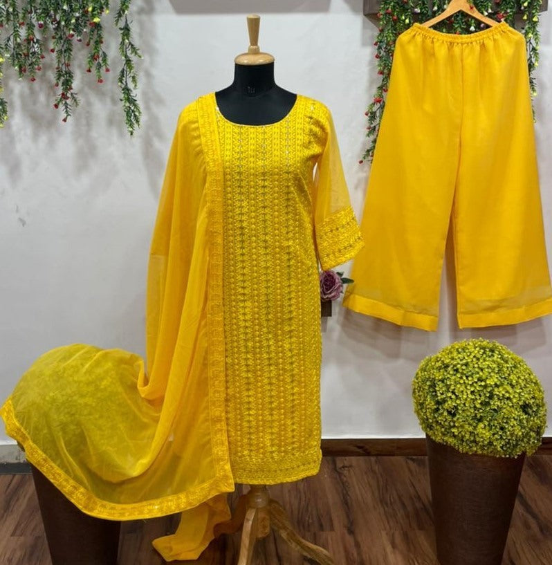 Yellow georgette embroidered sequence work plazzo suit