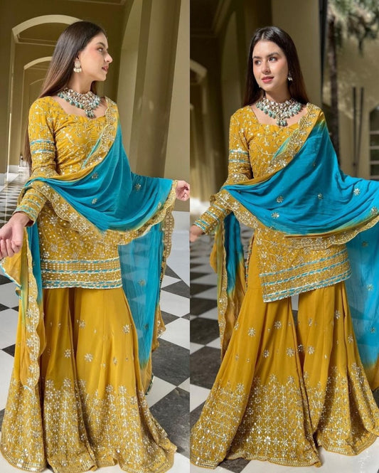 Yellow georgette embroidered sharara suit
