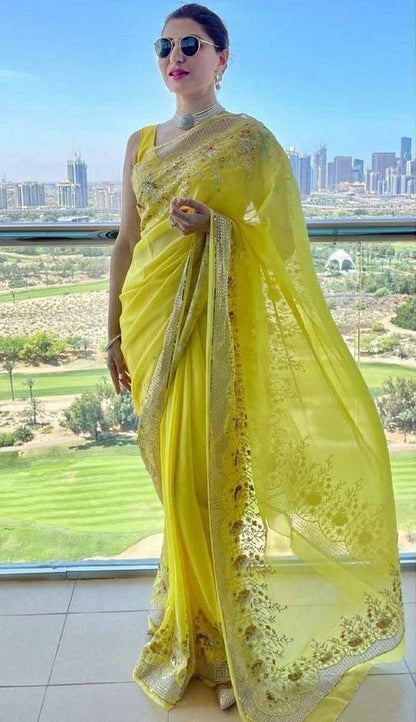 Yellow georgette embroidery work designer saree