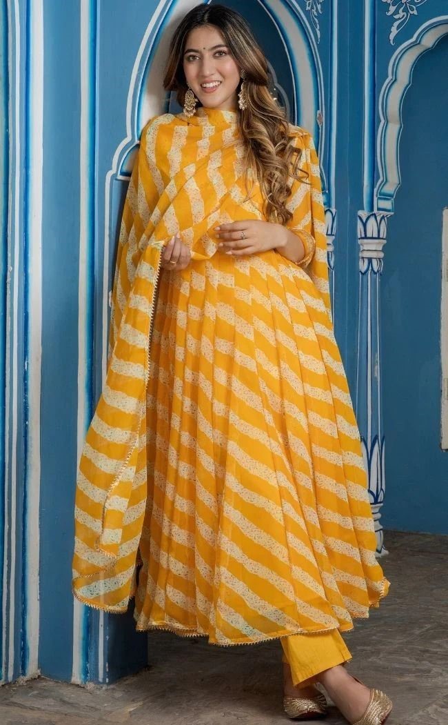 Yellow georgette leheriya printed anarkali suit