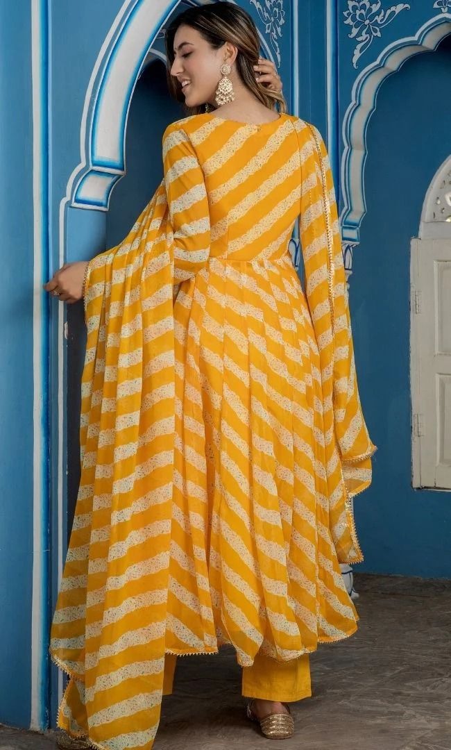 Yellow georgette leheriya printed anarkali suit