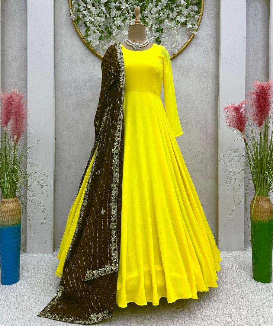 Yellow georgette long anarkali suit