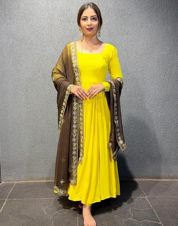 Yellow georgette long anarkali suit