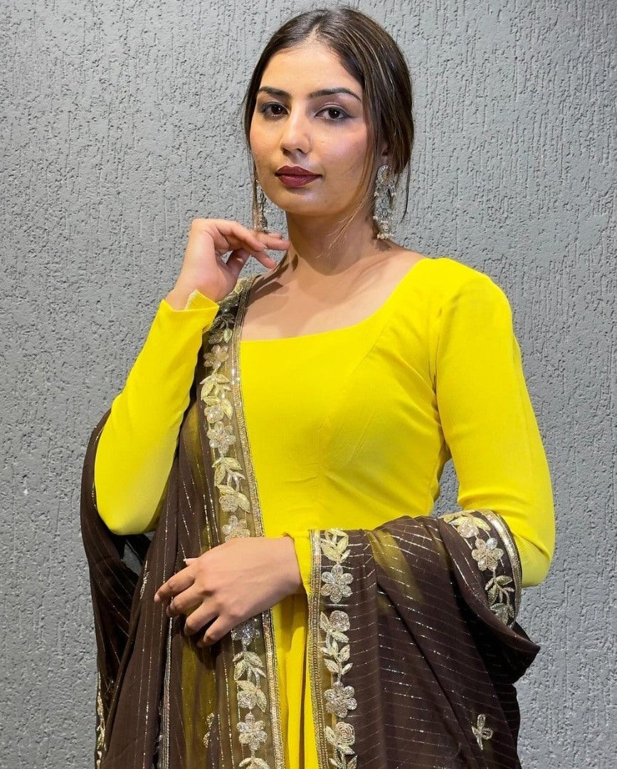 Yellow georgette long anarkali suit