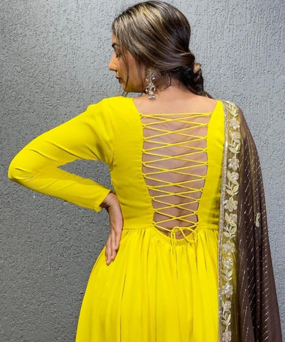 Yellow georgette long anarkali suit