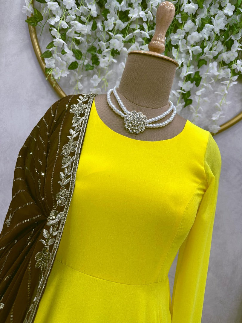 Yellow georgette long anarkali suit