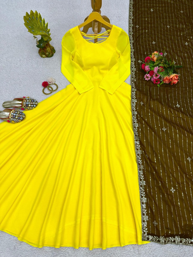 Yellow georgette long anarkali suit