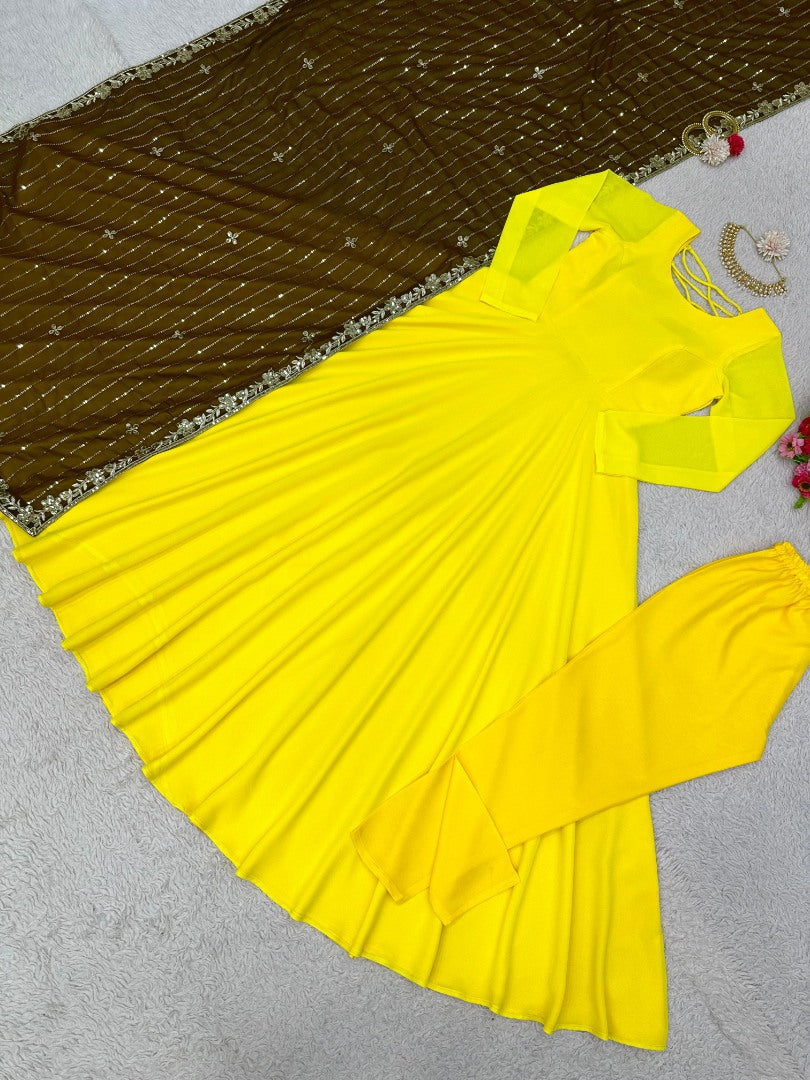 Yellow georgette long anarkali suit