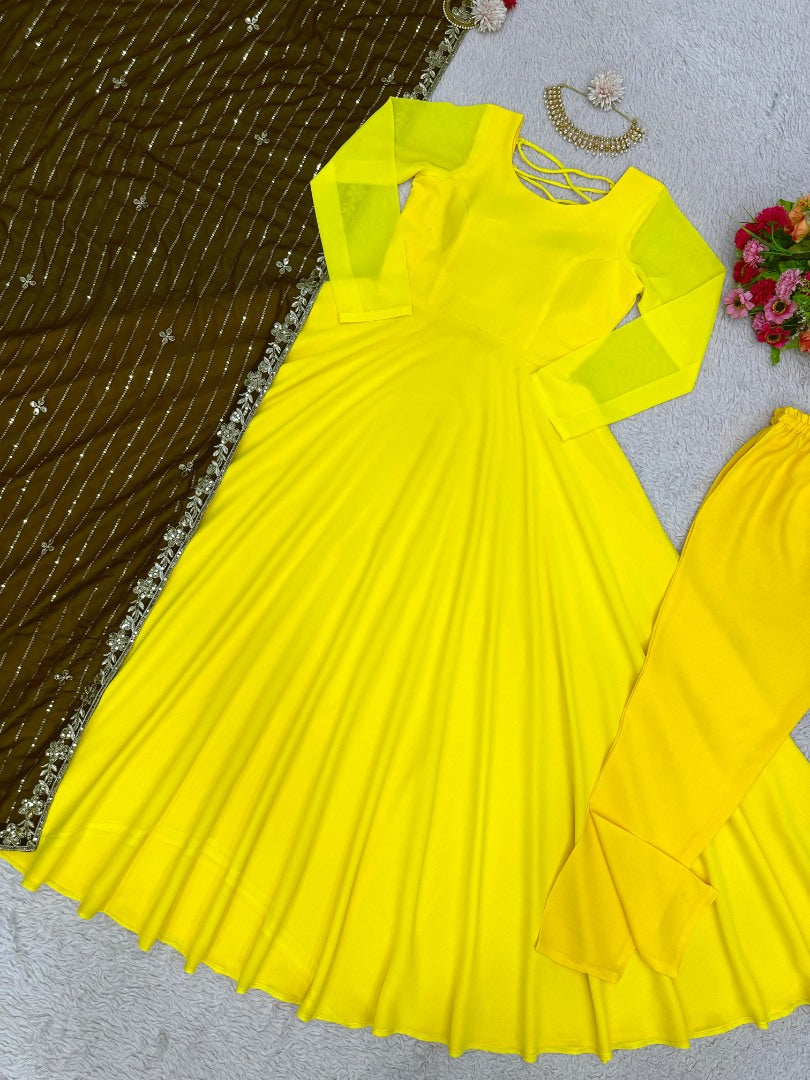 Yellow georgette long anarkali suit