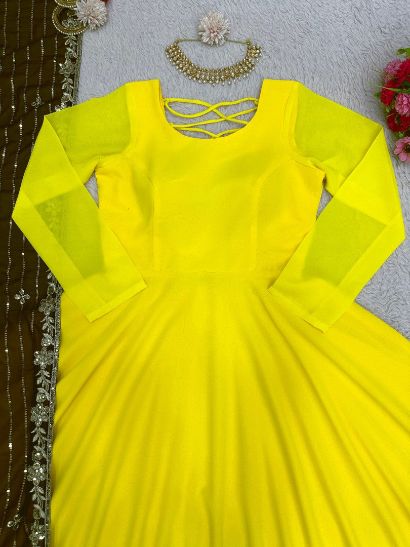 Yellow georgette long anarkali suit