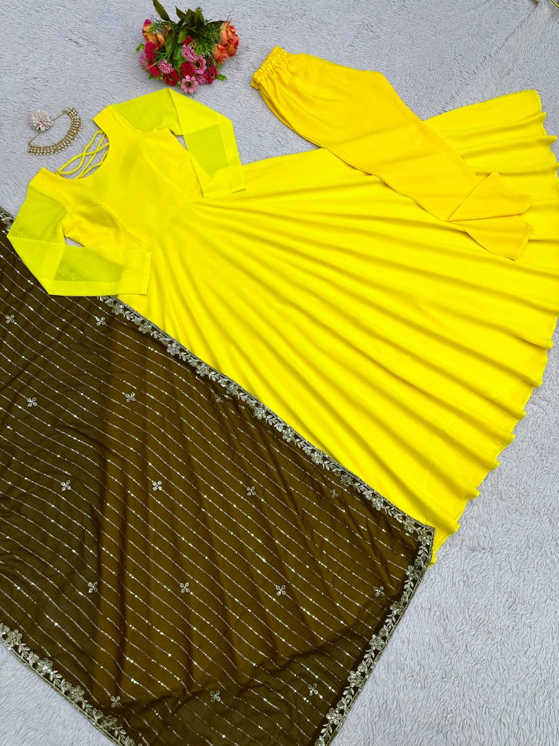 Yellow georgette long anarkali suit