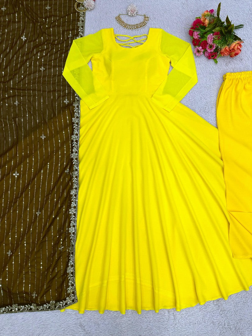 Yellow georgette long anarkali suit