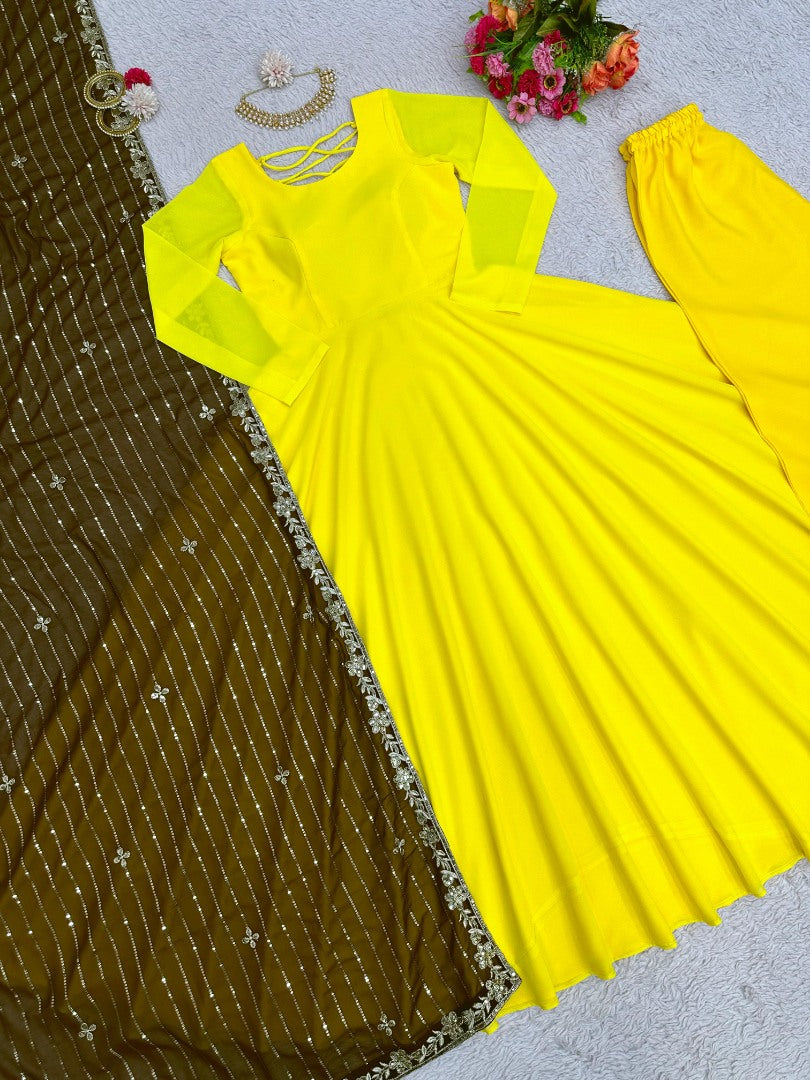 Yellow georgette long anarkali suit