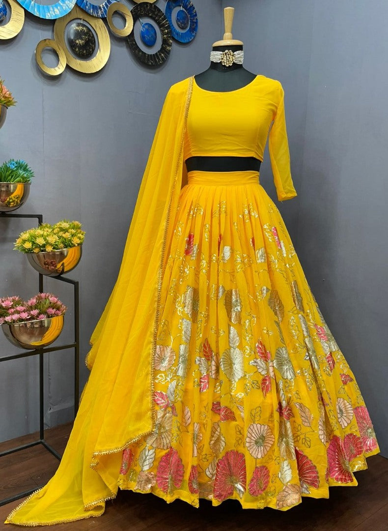 Yellow georgette multi heavy thread work wedding lehenga choli