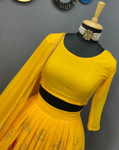 Yellow georgette multi heavy thread work wedding lehenga choli