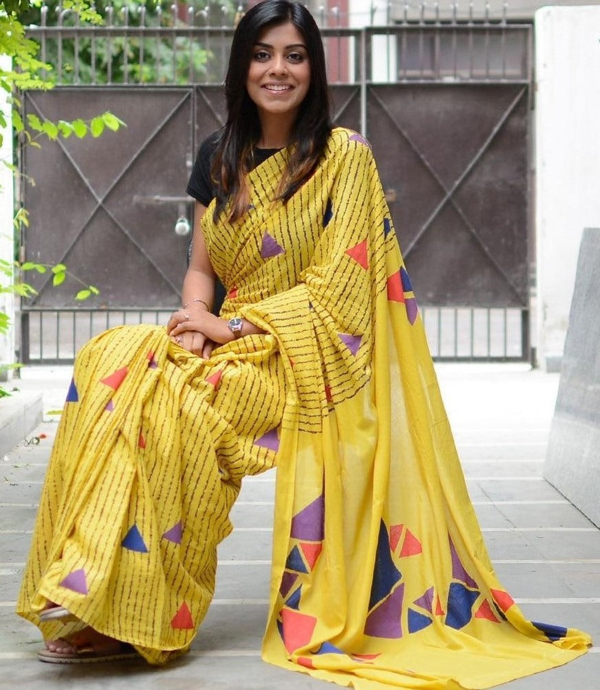 Yellow georgette multicolour digital printed saree