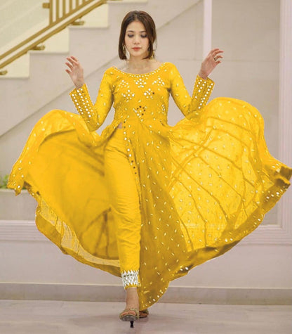 Yellow georgette paper mirror salwar suit