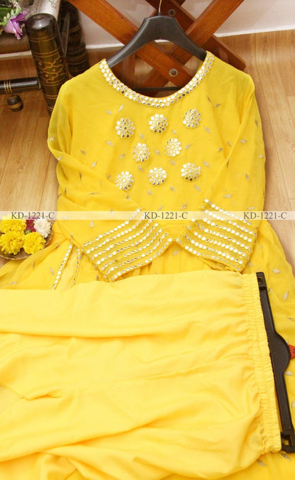 Yellow georgette paper mirror salwar suit