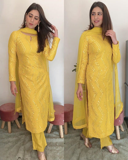 Yellow georgette paper mirror work plazzo salwar suit