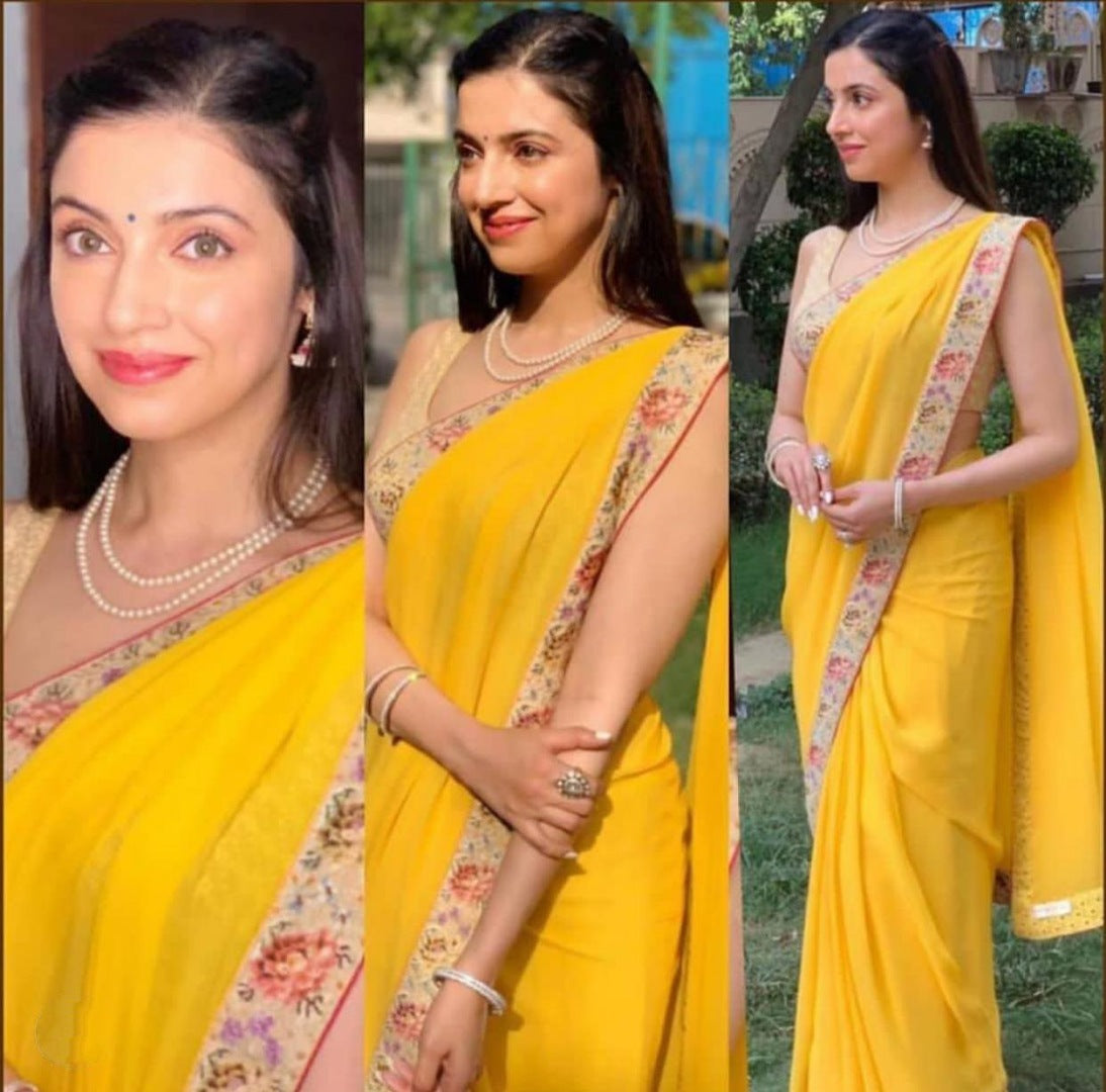 Yellow georgette plain casual wear saree