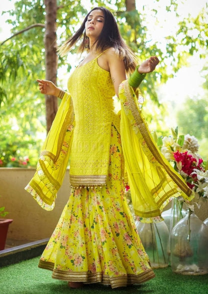 Yellow georgette print and embroidered sharara suit