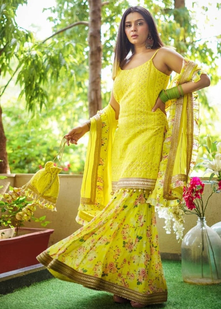 Yellow georgette print and embroidered sharara suit