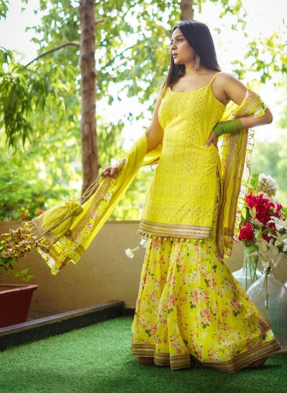 Yellow georgette print and embroidered sharara suit