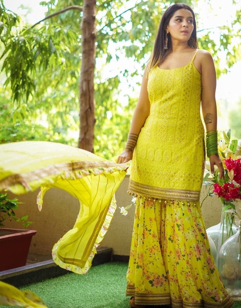 Yellow georgette print and embroidered sharara suit