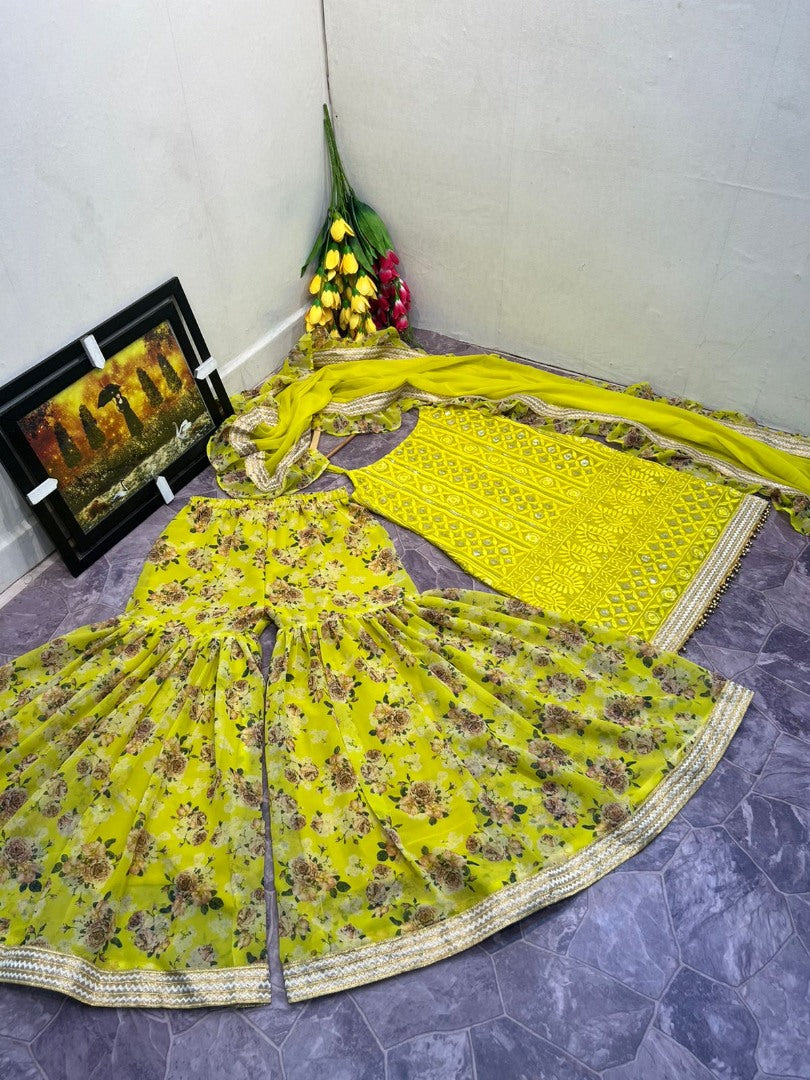 Yellow georgette print and embroidered sharara suit