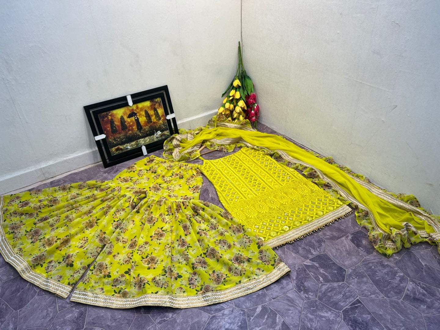 Yellow georgette print and embroidered sharara suit