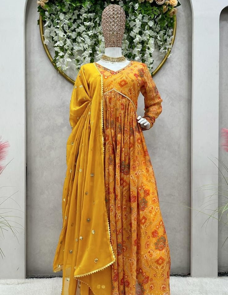 Yellow georgette print and hand worked alia cut kurti