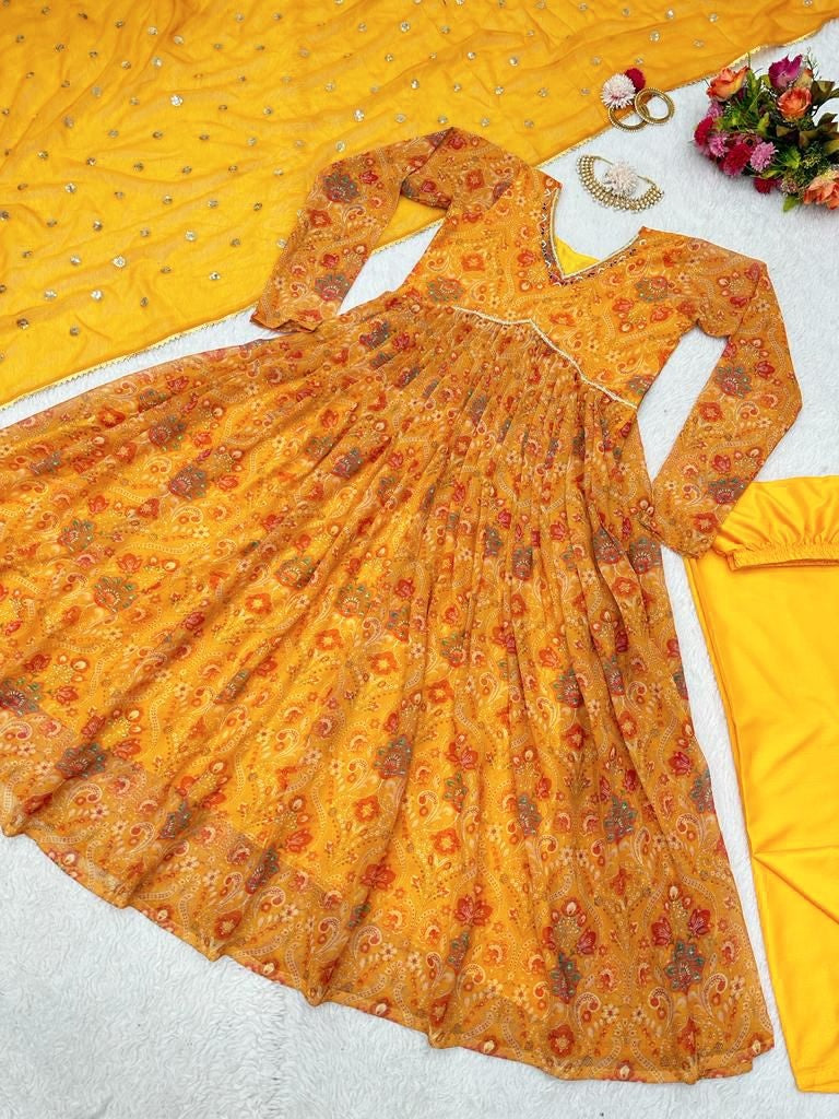 Yellow georgette print and hand worked alia cut kurti