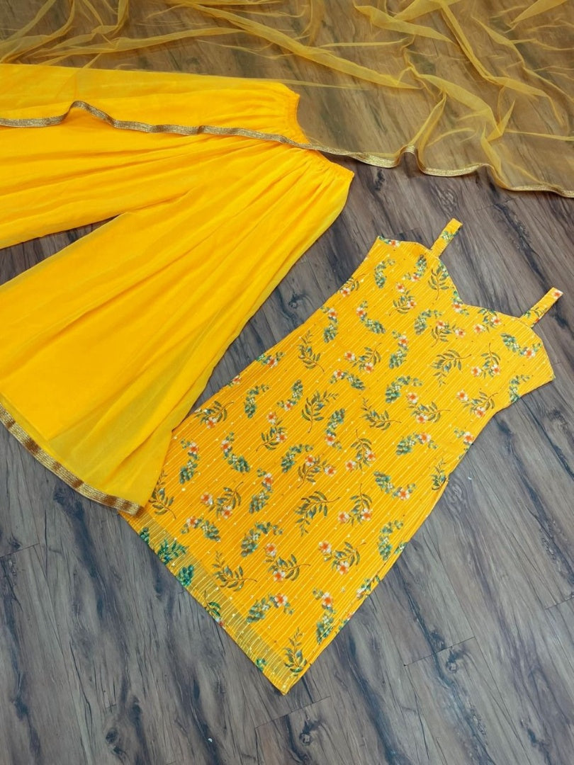 Yellow georgette print and sequence work plazzo suit