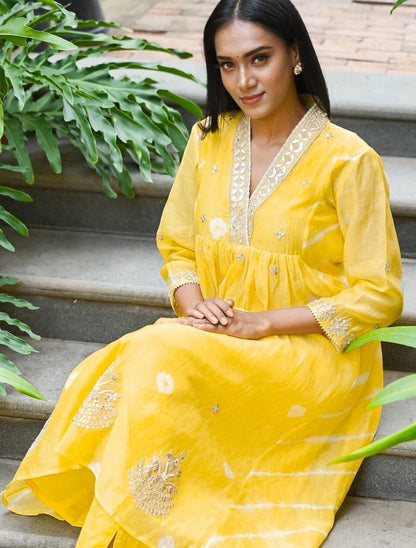 Yellow georgette print thread sequence work gown kurti