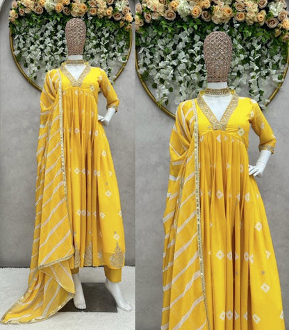 Yellow georgette print thread sequence work gown kurti