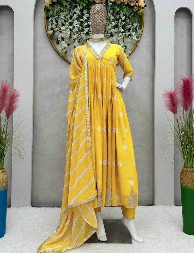 Yellow georgette print thread sequence work gown kurti