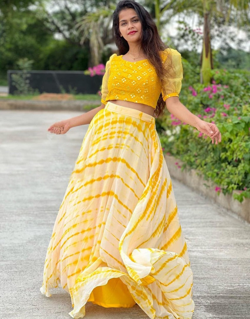 Yellow georgette printed crop top lehenga