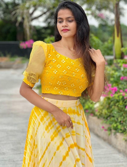 Yellow georgette printed crop top lehenga